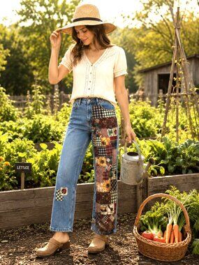 Upcycled Patchwork Jeans Spring Garden Sunflower Plaid Patches Reworked Sz 16P